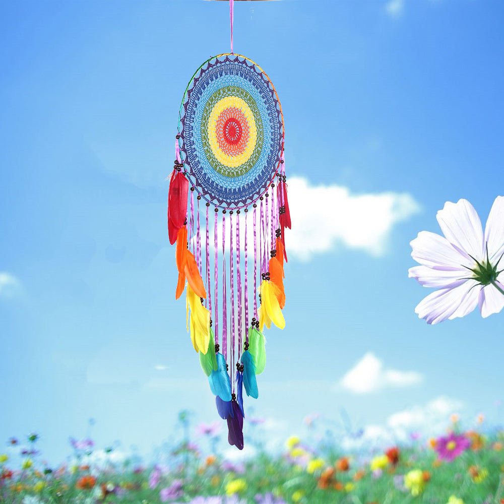 Rainbow Feather Dream Catcher Wall Decor, 40cm Circle