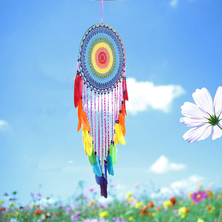 Rainbow Feather Dream Catcher Wall Decor, 40cm Circle