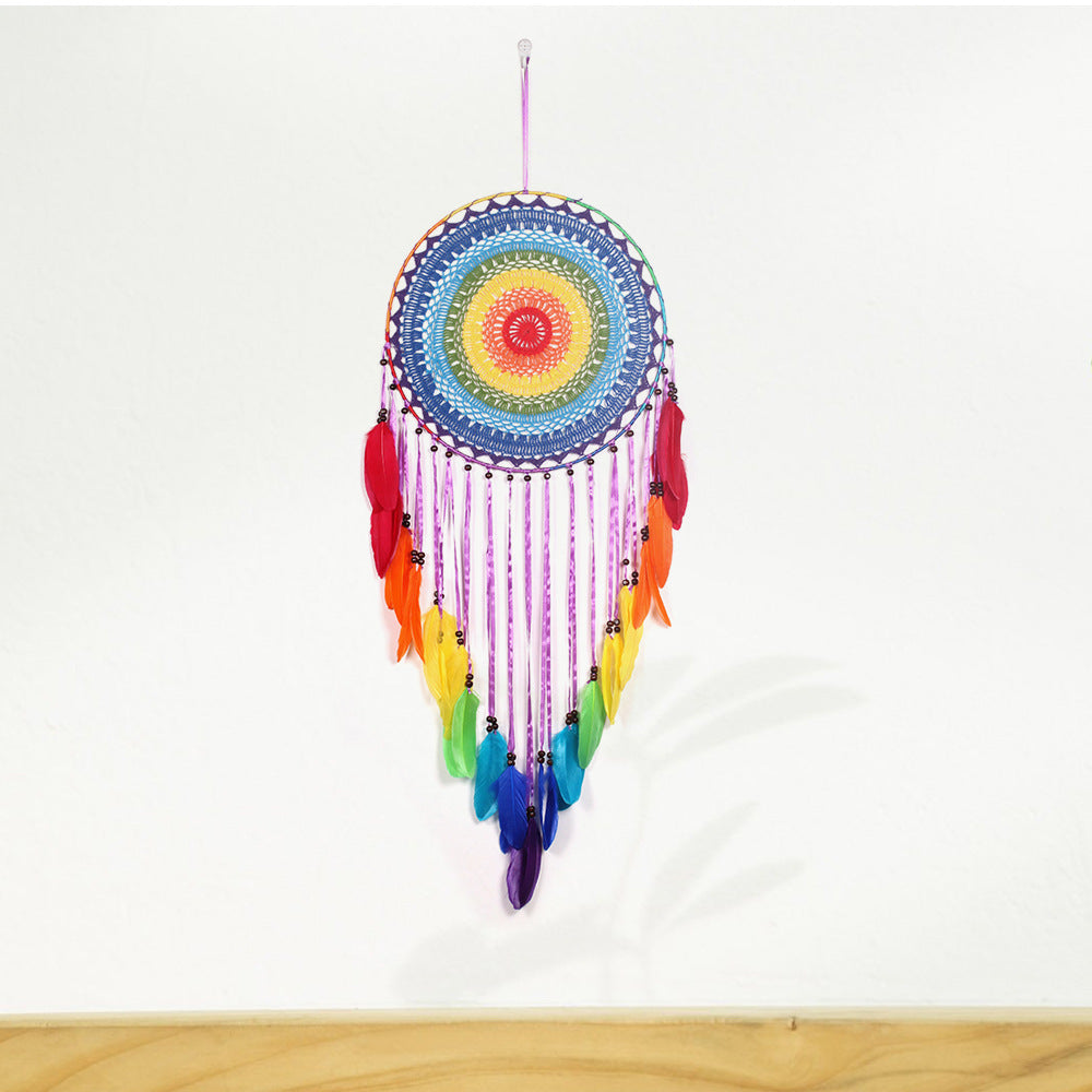 Rainbow Feather Dream Catcher Wall Decor, 40cm Circle
