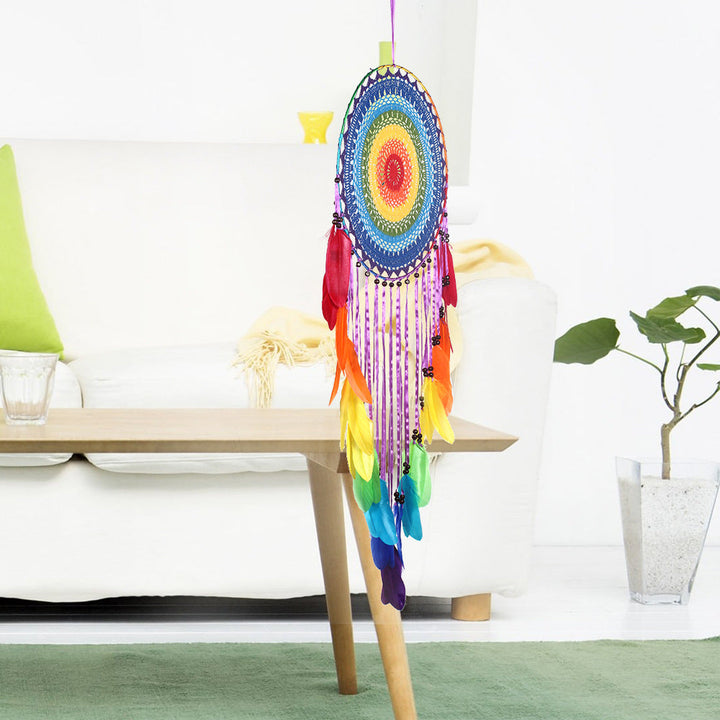 Rainbow Feather Dream Catcher Wall Decor, 40cm Circle