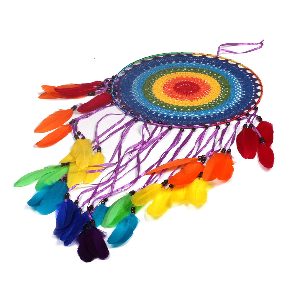 Rainbow Feather Dream Catcher Wall Decor, 40cm Circle