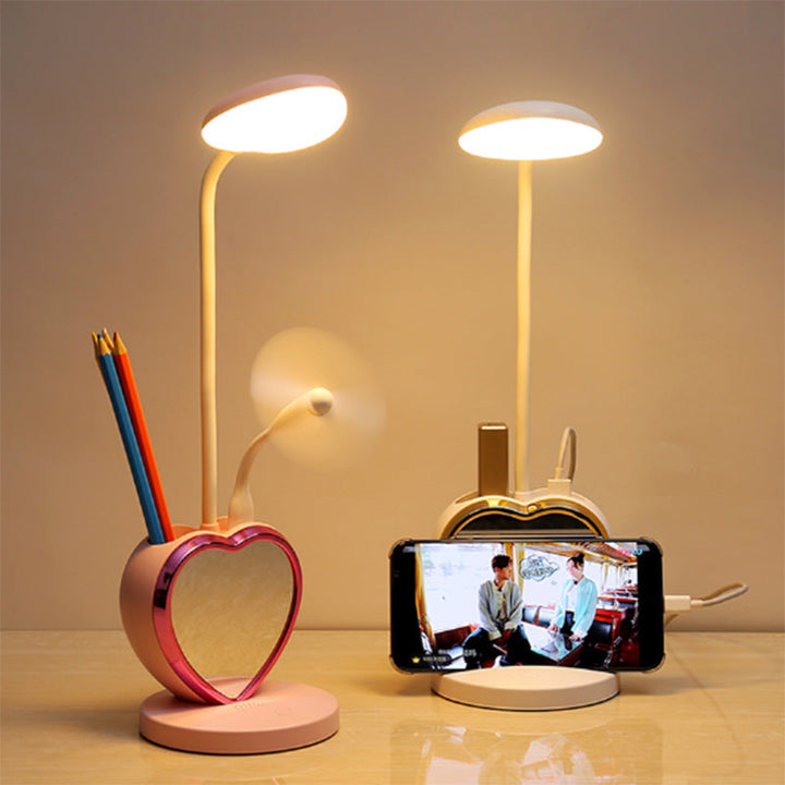Heart-Shaped LED Desk Lamp with Pen Holder & Mirror