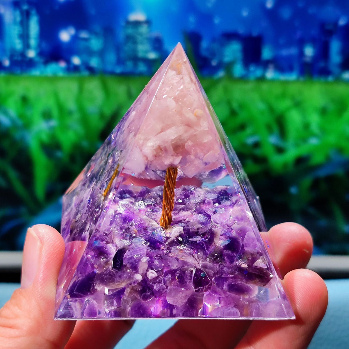 Crystal Resin Pyramid Ornament With Gemstone Sparkle