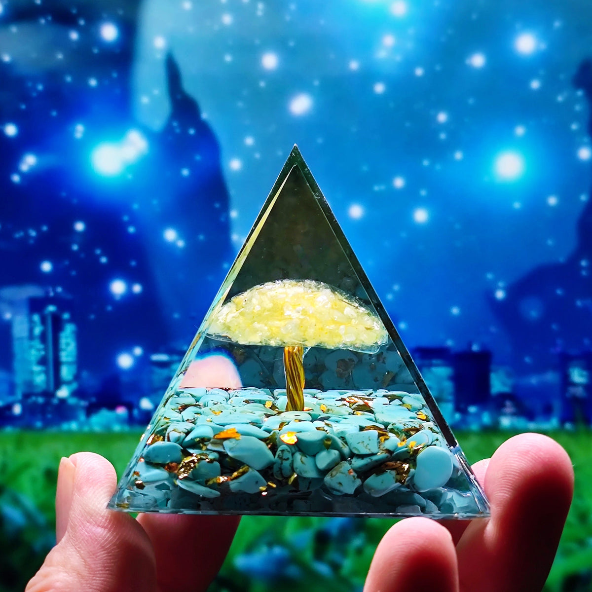 Crystal Pyramid Desk Decor with Tree of Life Detail