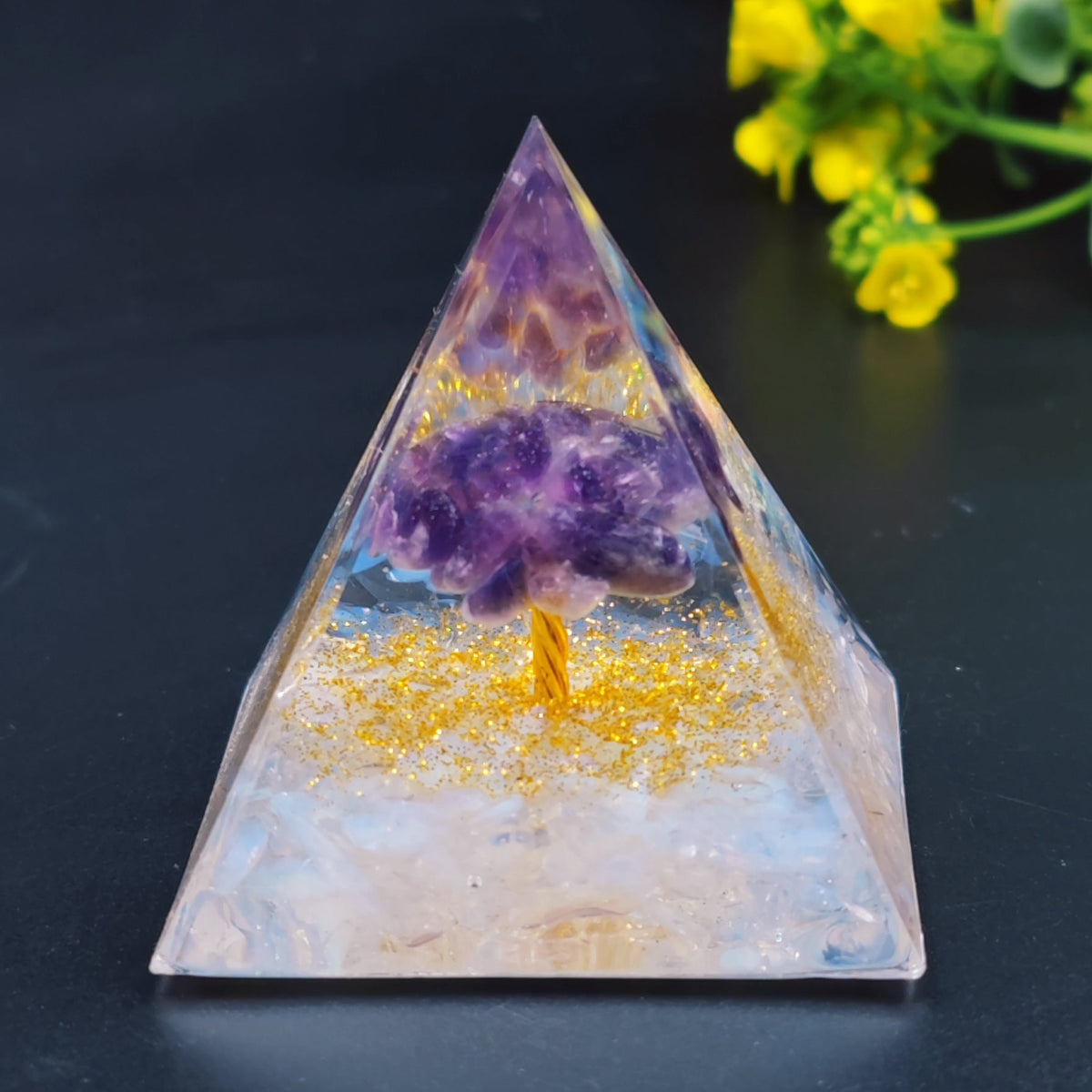 Crystal Pyramid Desk Decor with Tree of Life Detail