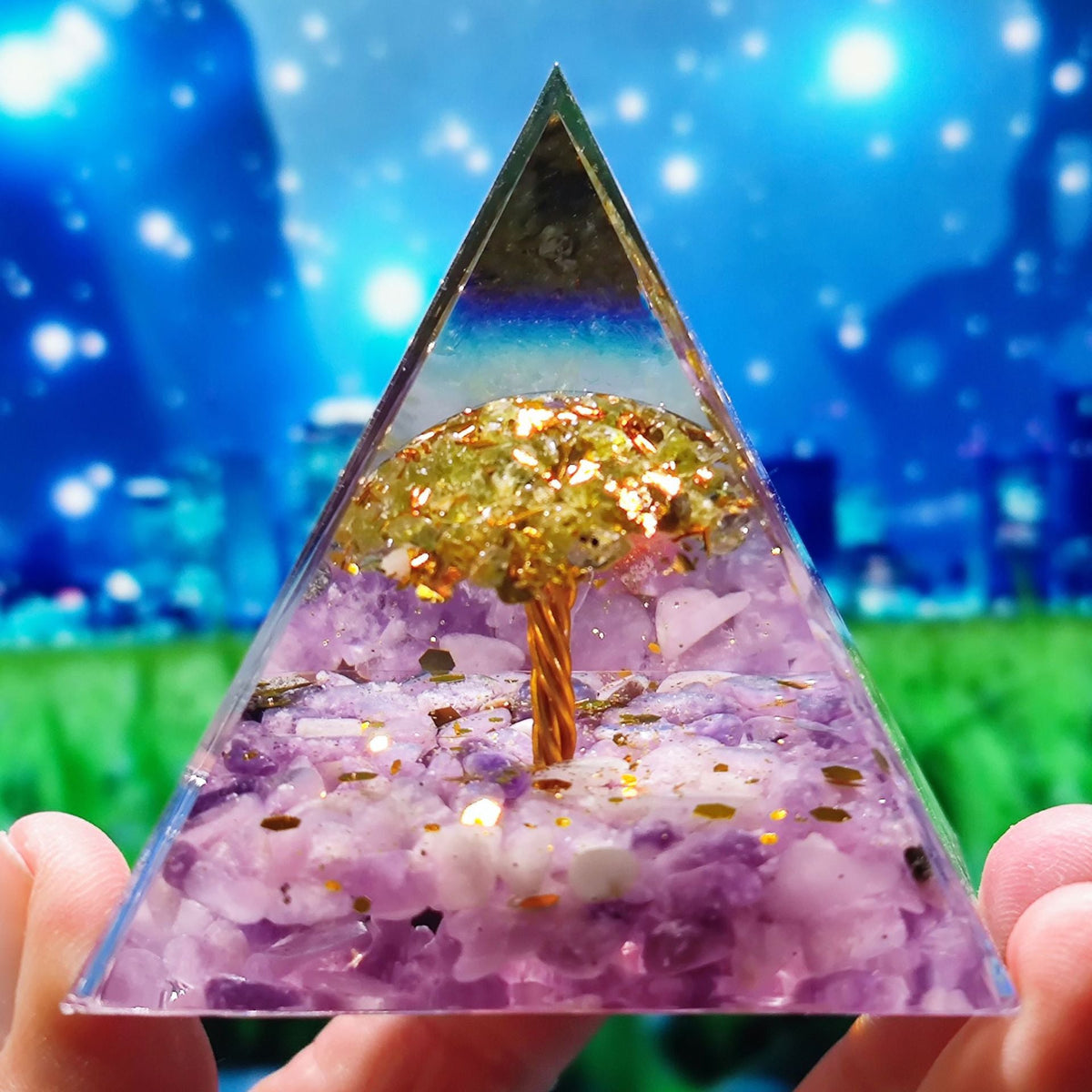 Crystal Pyramid Desk Decor with Tree of Life Detail