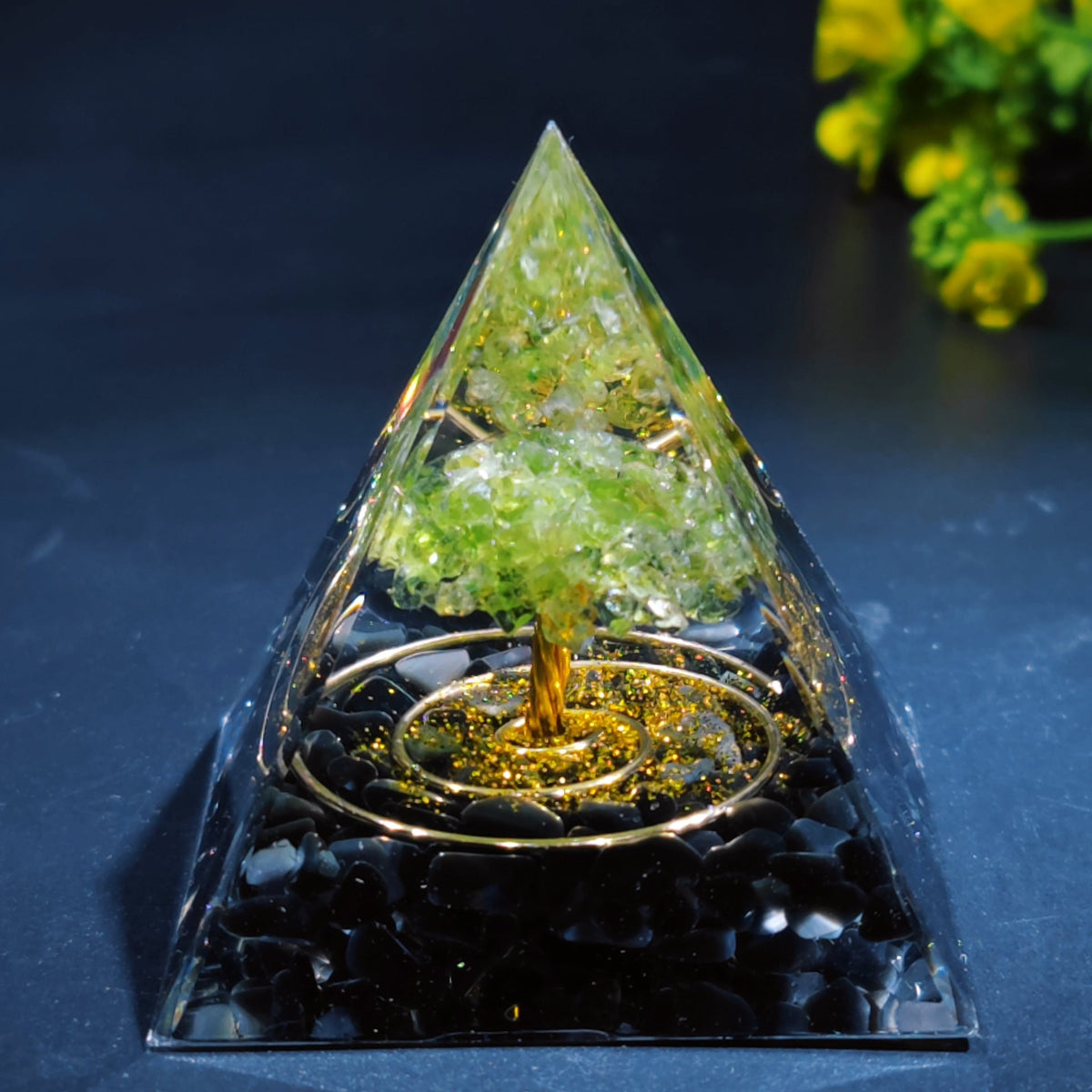 Crystal Pyramid Desk Decor with Tree of Life Detail