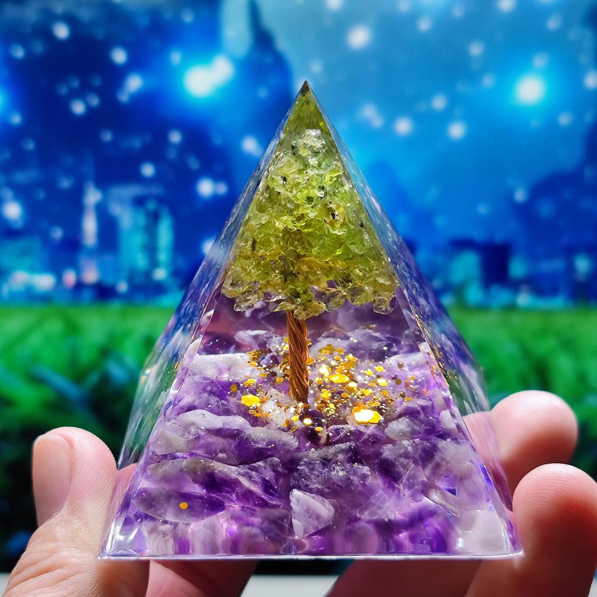 Crystal Resin Pyramid Ornament With Gemstone Sparkle