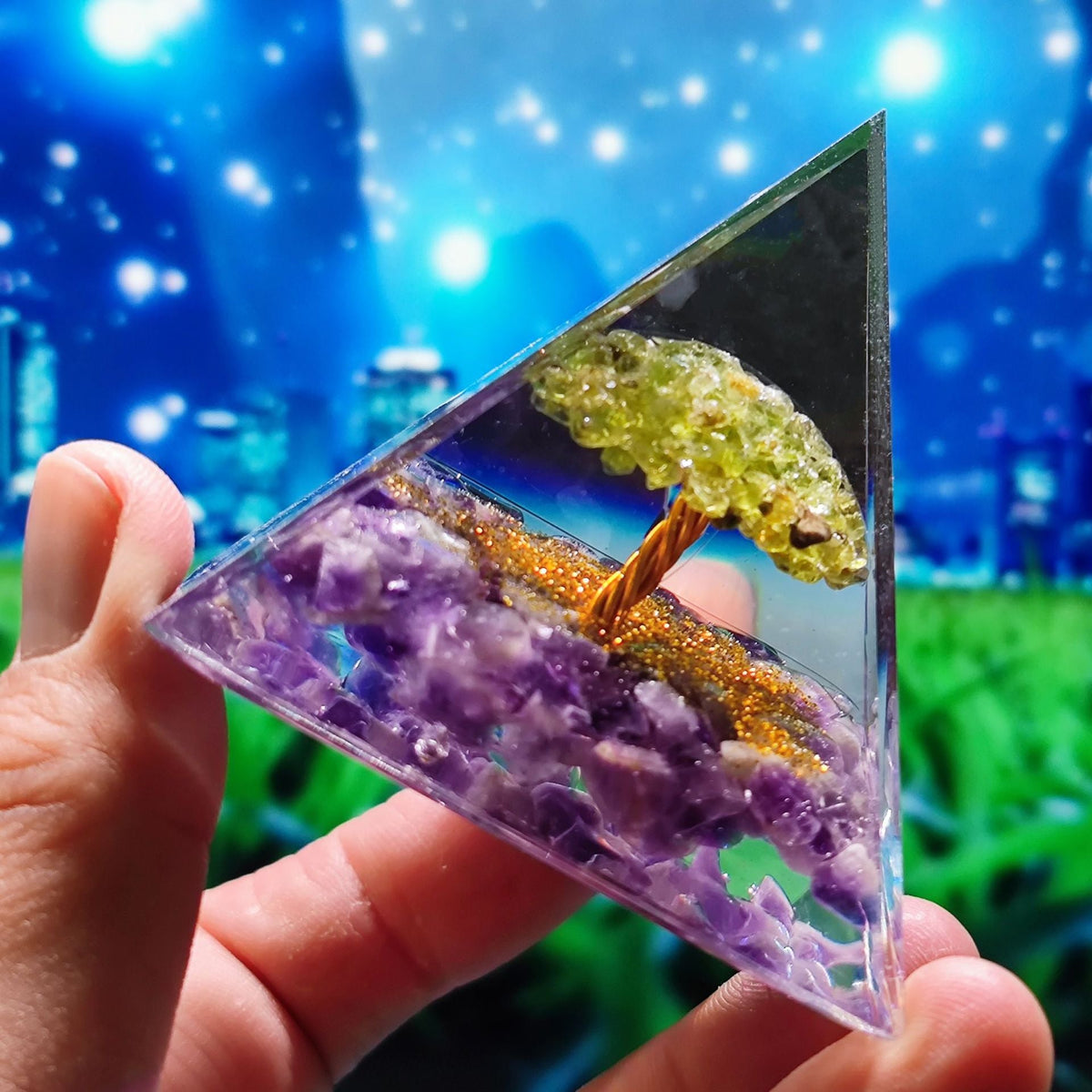 Crystal Pyramid Desk Decor with Tree of Life Detail