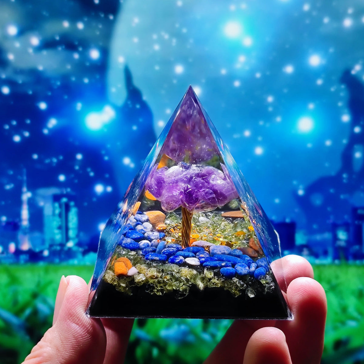 Crystal Pyramid Desk Decor with Tree of Life Detail