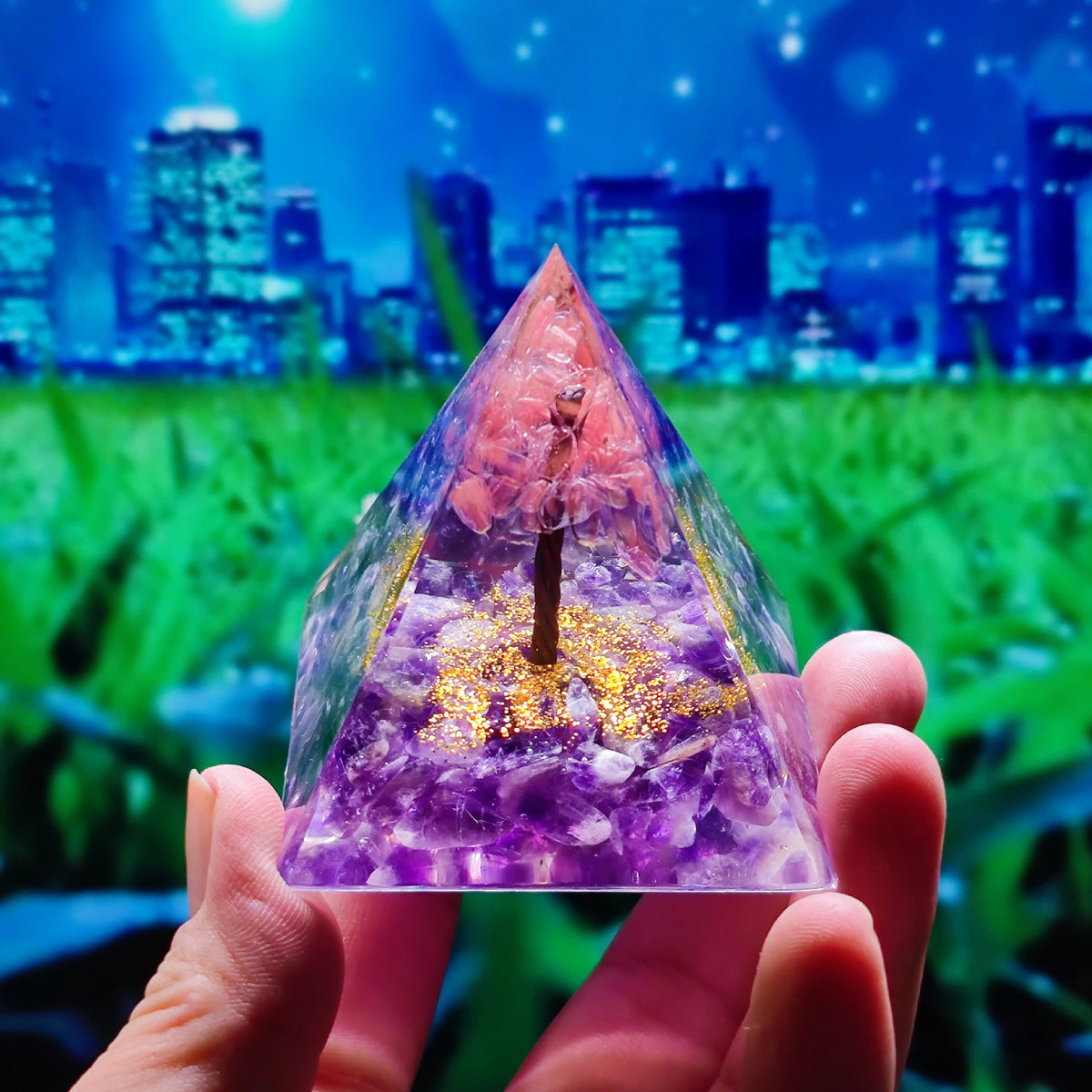 Crystal Resin Pyramid Ornament With Gemstone Sparkle