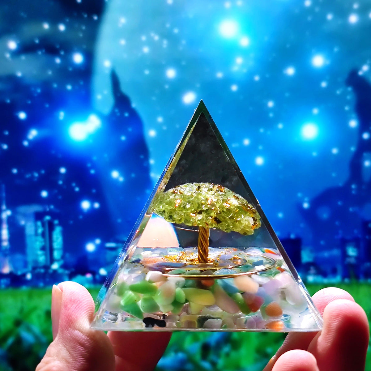Crystal Pyramid Desk Decor with Tree of Life Detail