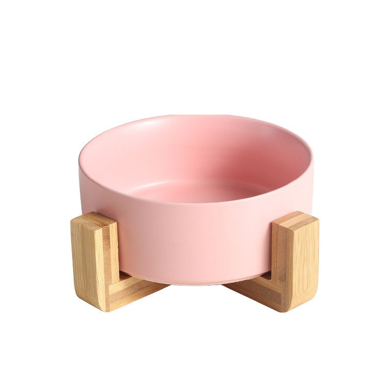 Ceramic Cat Bowl With Stable Raised Wooden Frame for Pets