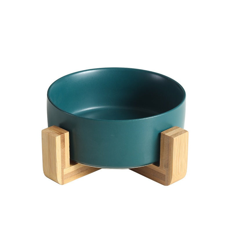 Ceramic Cat Bowl With Stable Raised Wooden Frame for Pets