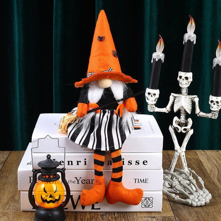 Halloween Witch Doll with Long Legs and Broom Decor