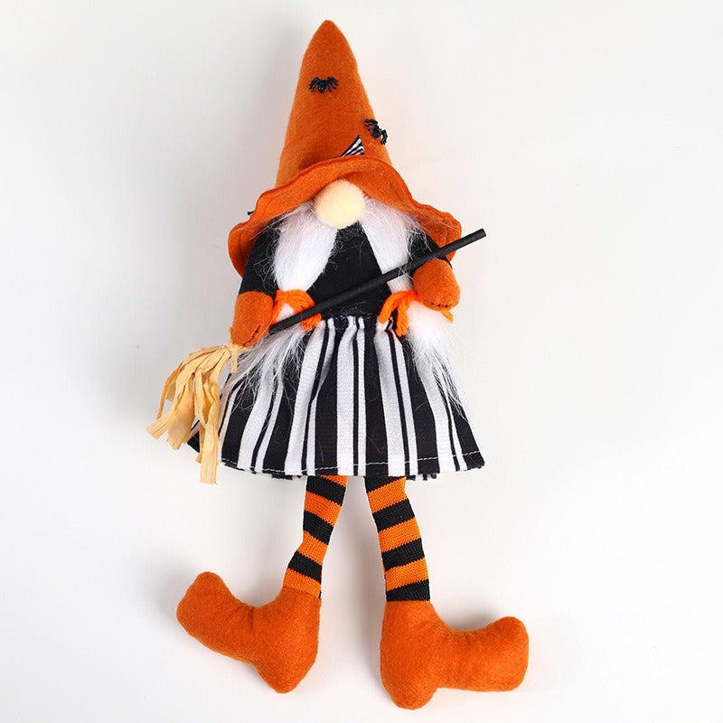 Halloween Witch Doll with Long Legs and Broom Decor