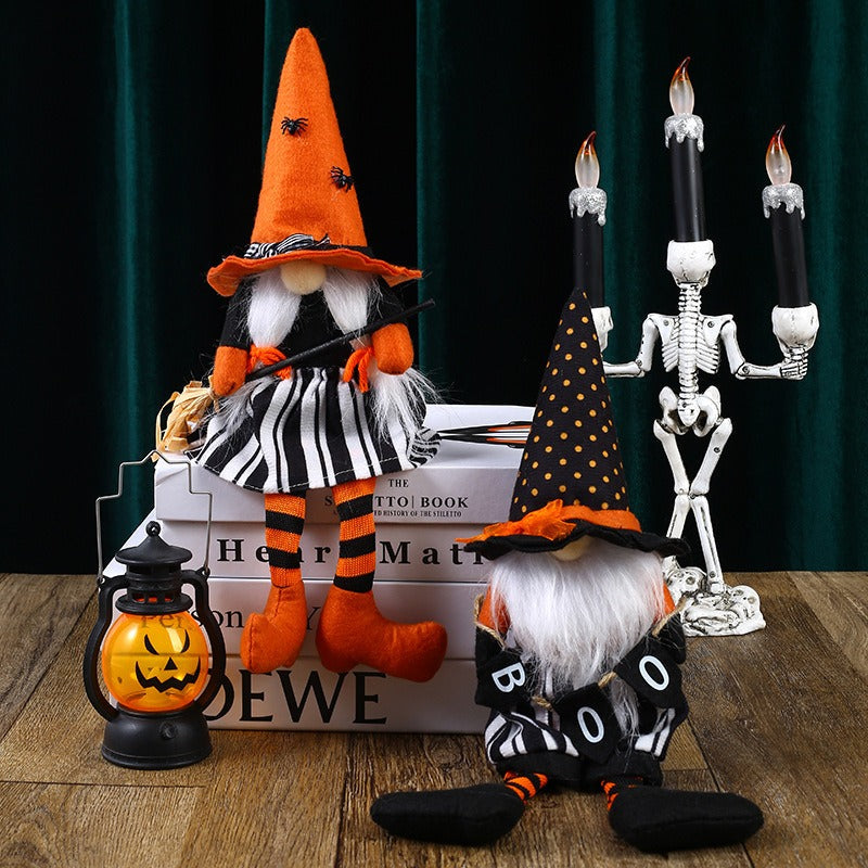 Halloween Witch Doll with Long Legs and Broom Decor
