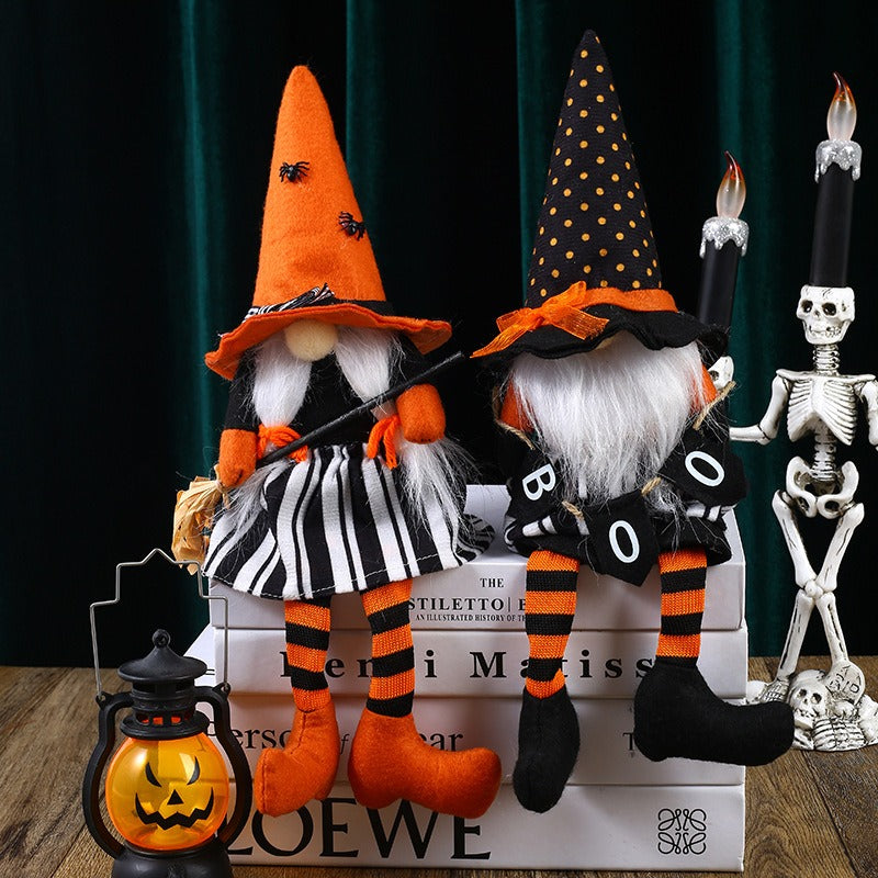 Halloween Witch Doll with Long Legs and Broom Decor