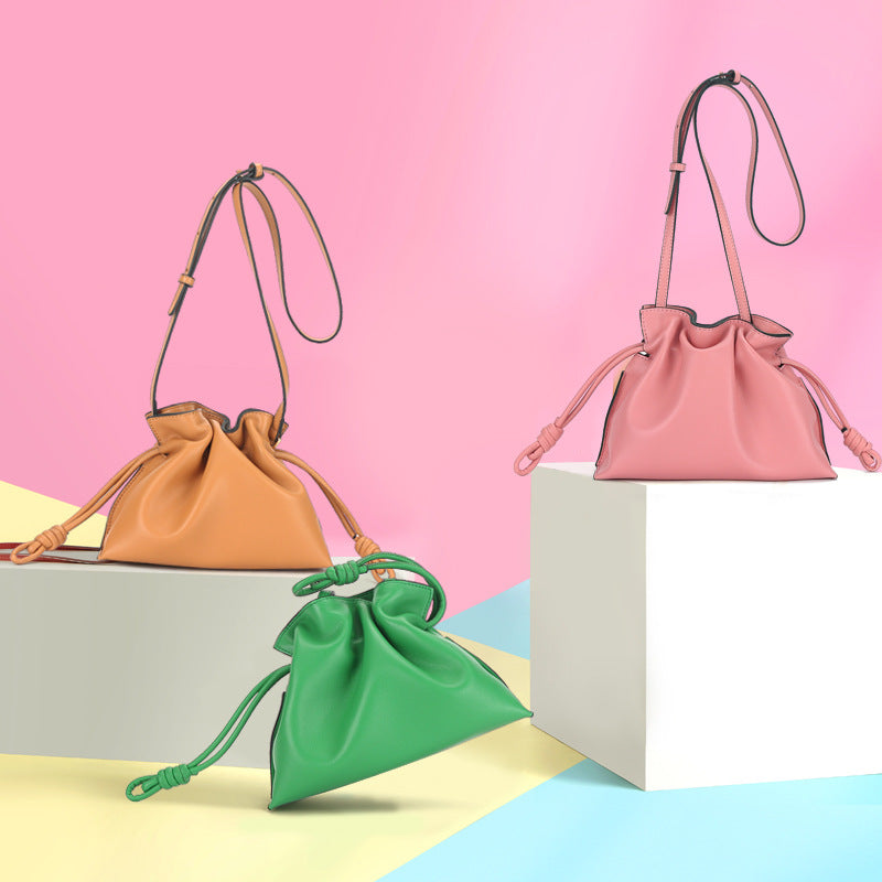 Small Leather Bucket Bag with Drawstring Crossbody Strap
