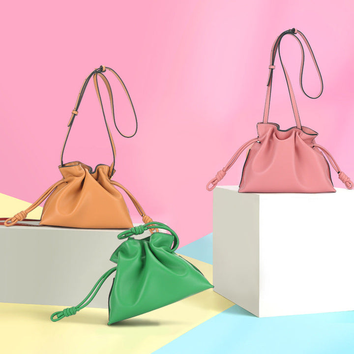 Small Leather Bucket Bag with Drawstring Crossbody Strap