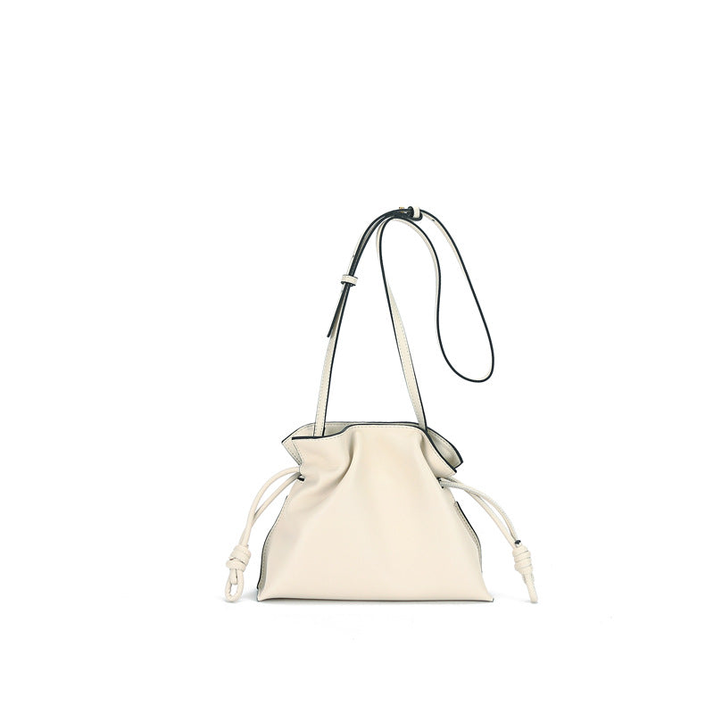 Small Leather Bucket Bag with Drawstring Crossbody Strap