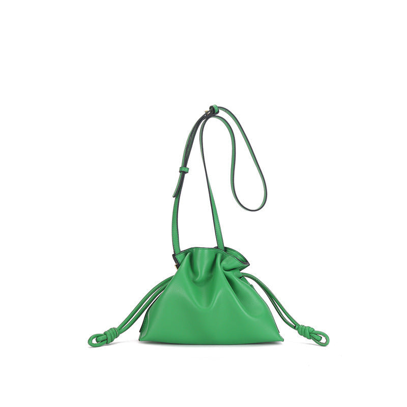 Small Leather Bucket Bag with Drawstring Crossbody Strap