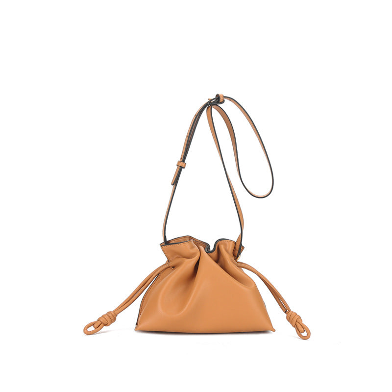 Small Leather Bucket Bag with Drawstring Crossbody Strap