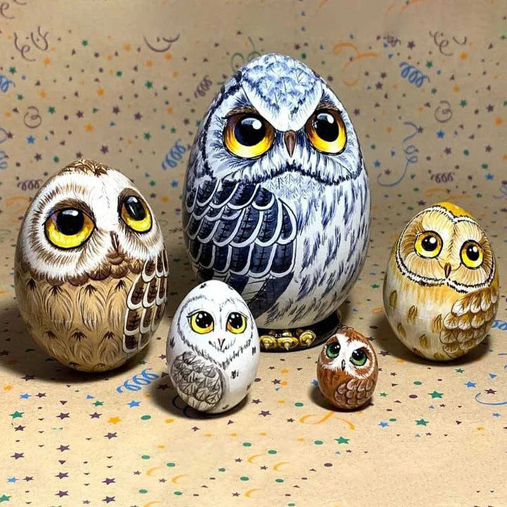 Wooden Owl Nesting Set: 5-Piece Whimsical Home Decor