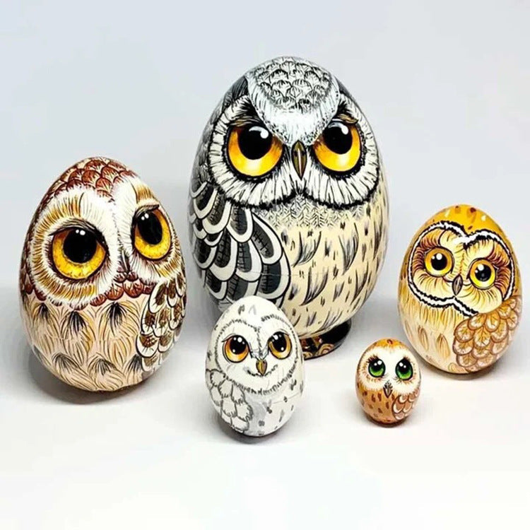 Wooden Owl Nesting Set: 5-Piece Whimsical Home Decor