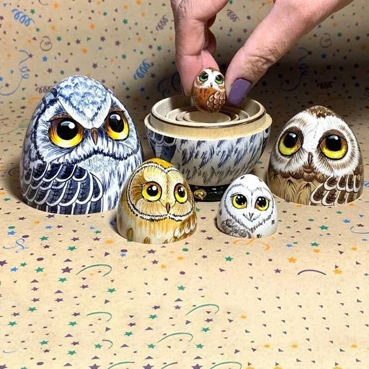 Wooden Owl Nesting Set: 5-Piece Whimsical Home Decor
