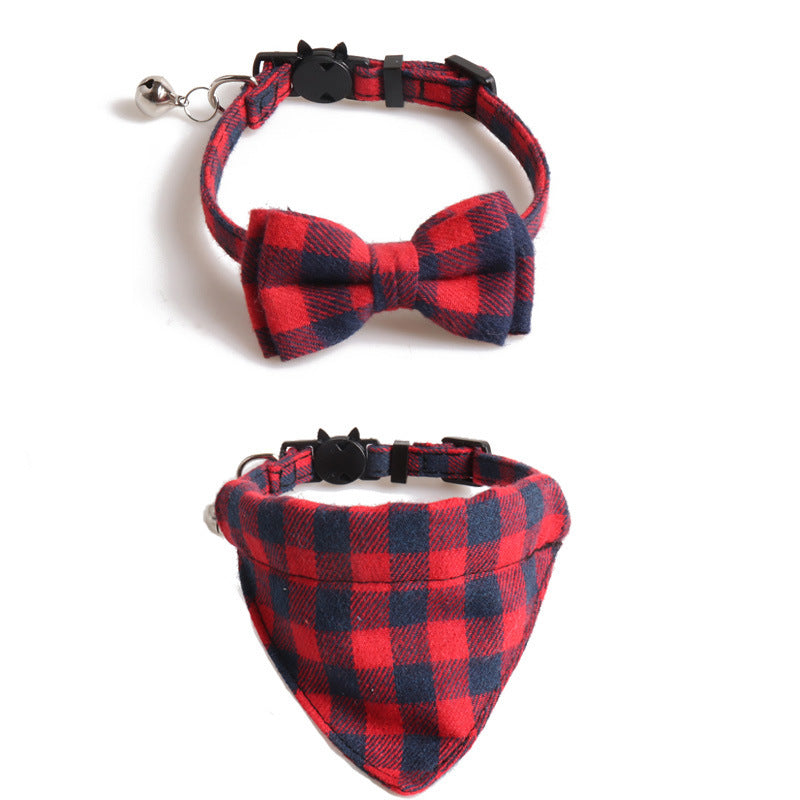 Plaid Cat Collar Set With Bow Tie & Triangle Scarf