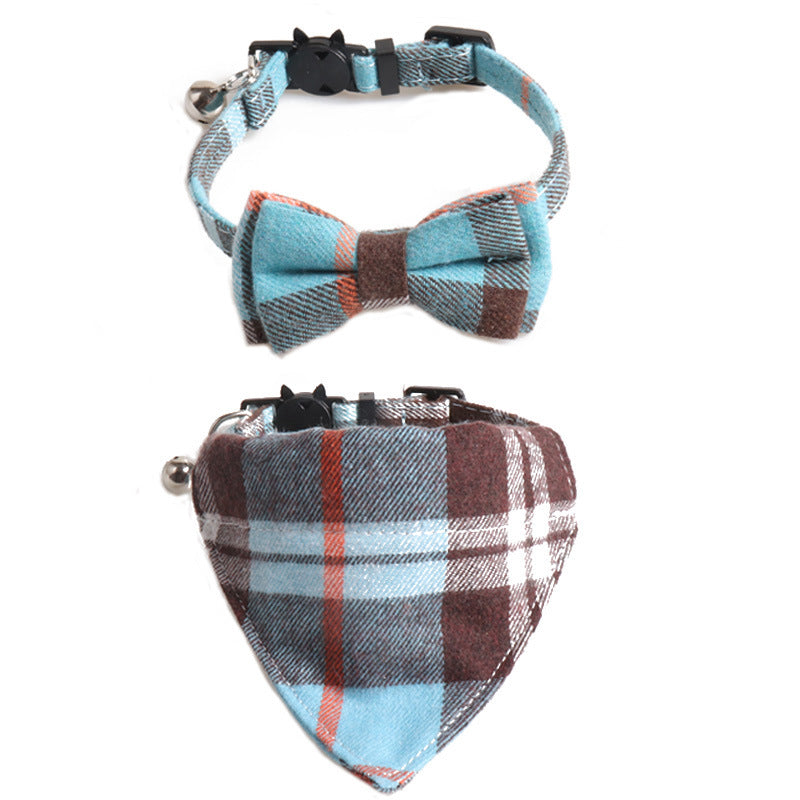 Plaid Cat Collar Set With Bow Tie & Triangle Scarf