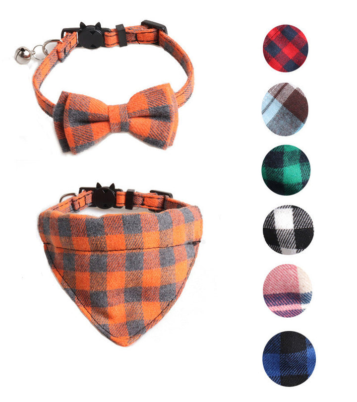 Plaid Cat Collar Set With Bow Tie & Triangle Scarf