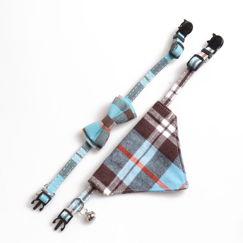 Plaid Cat Collar Set With Bow Tie & Triangle Scarf