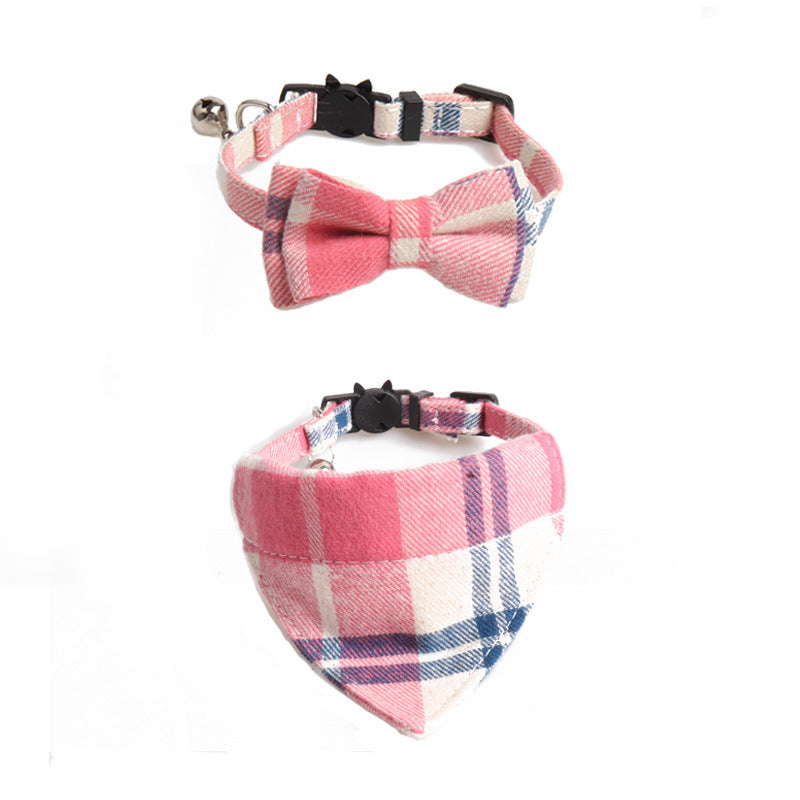 Plaid Cat Collar Set With Bow Tie & Triangle Scarf