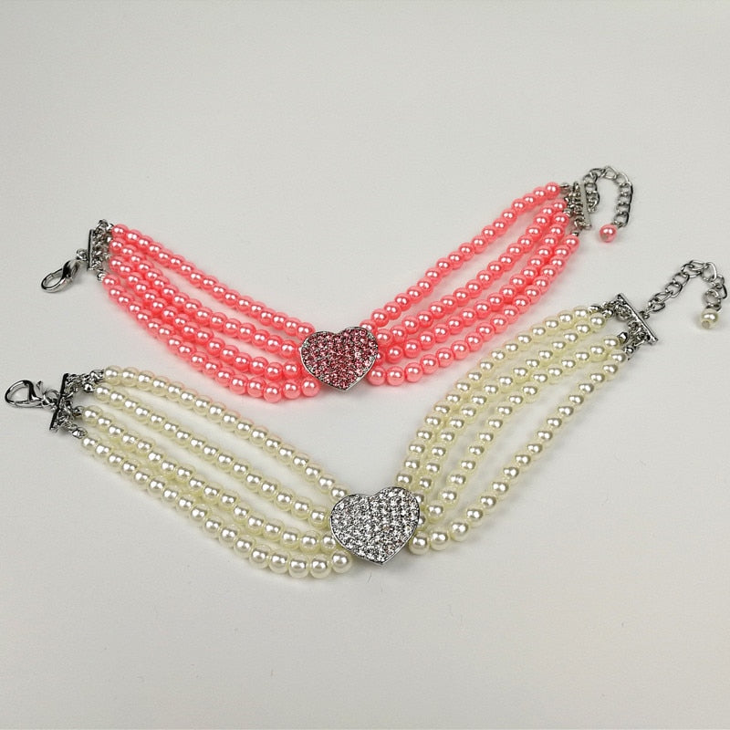 Pearl Necklace Dog Collar with Rhinestone Heart Charm