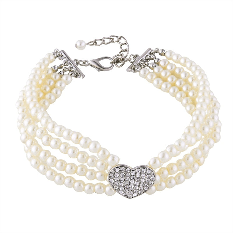 Pearl Necklace Dog Collar with Rhinestone Heart Charm