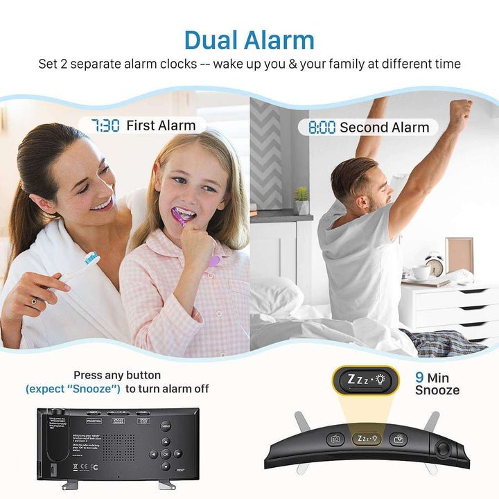 Projection Alarm Clock with Dual Alarms & USB Charge