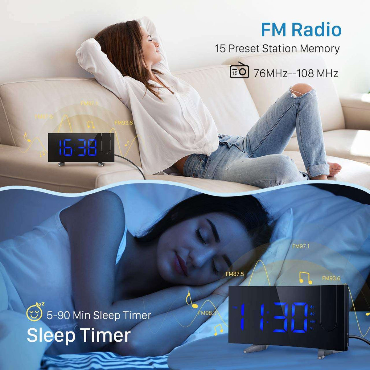 Projection Alarm Clock with Dual Alarms & USB Charge