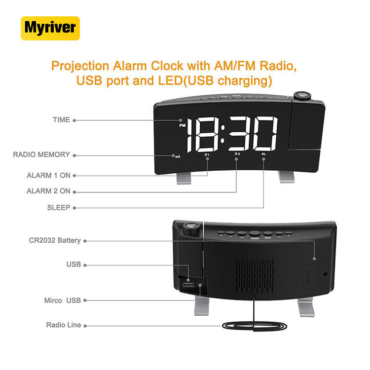 Projection Alarm Clock with Dual Alarms & USB Charge