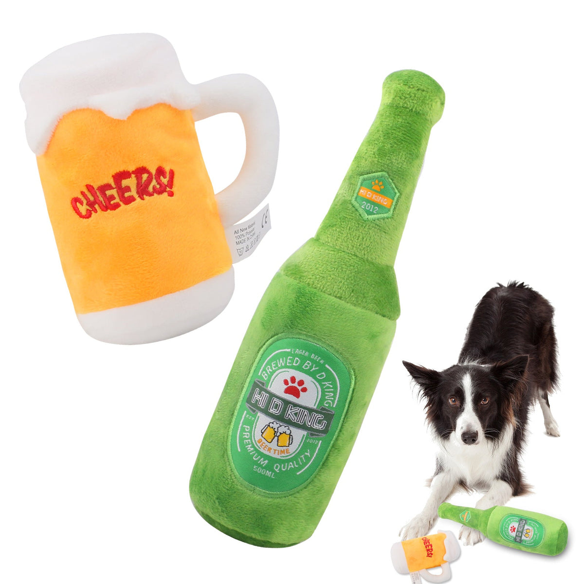 Squeaky Beer Bottle Dog Toy Set - Funny Plush 2-Pack