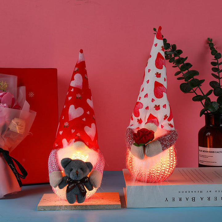 Light-Up Valentine Gnome Gift With Teddy Bear & Rose
