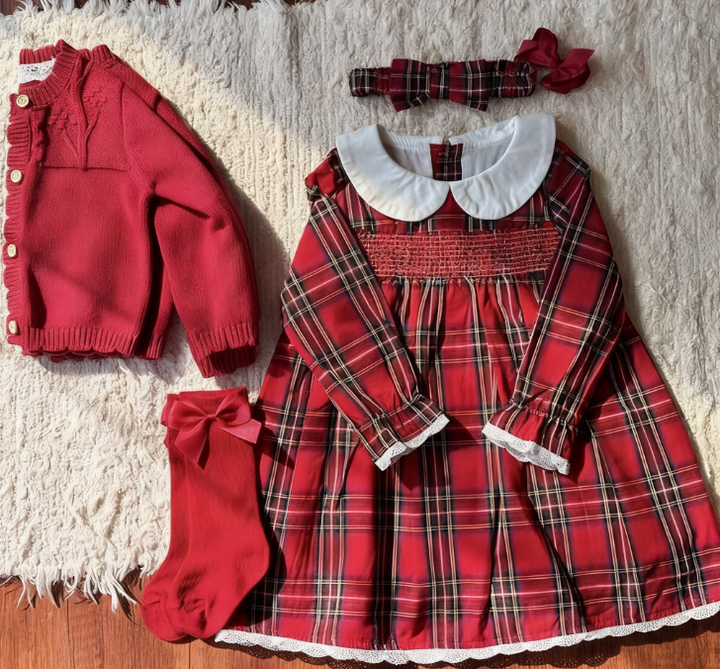 Girls' Plaid Collar Dress Set for Festive Holiday Photos