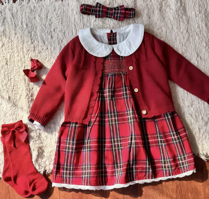 Girls' Plaid Collar Dress Set for Festive Holiday Photos