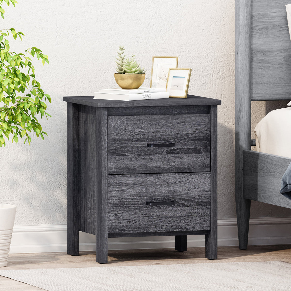 Grey Oak Nightstand with Drawers for Small Bedrooms