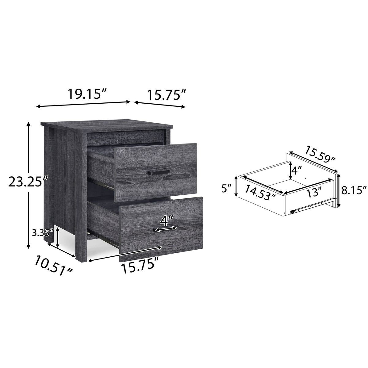 Grey Oak Nightstand with Drawers for Small Bedrooms
