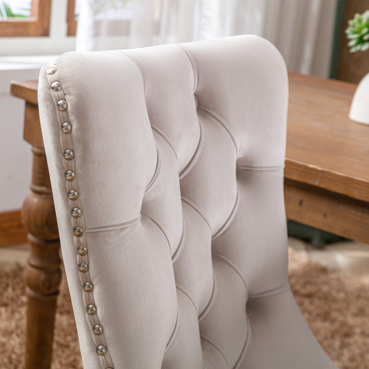 Tufted Velvet Dining Chairs Set of 2 with Solid Wood Legs
