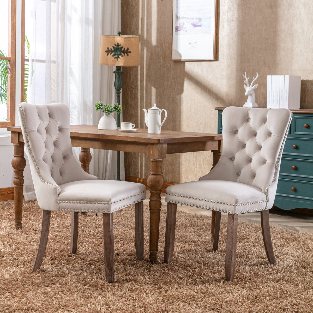 Tufted Velvet Dining Chairs Set of 2 with Solid Wood Legs