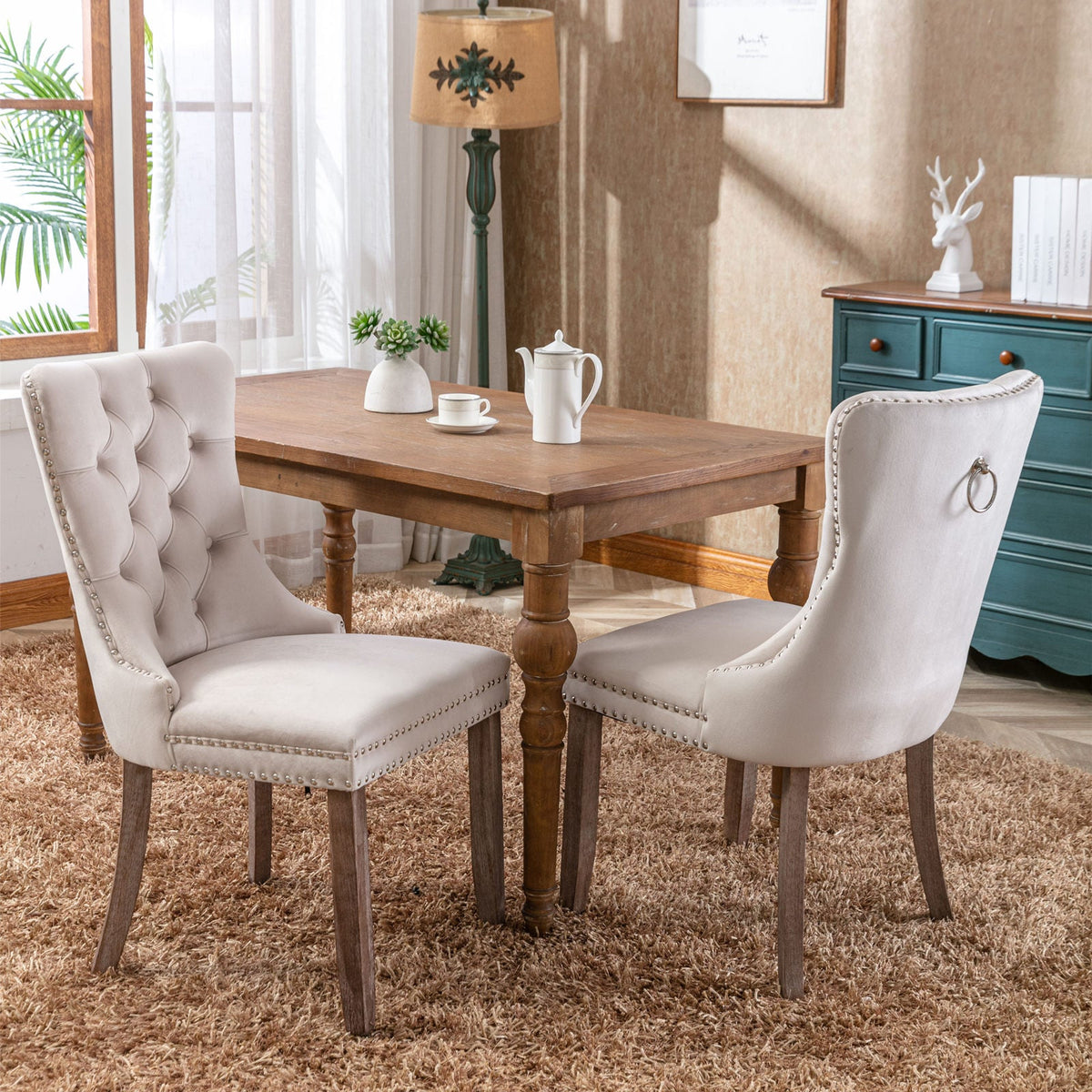 Tufted Velvet Dining Chairs Set of 2 with Solid Wood Legs