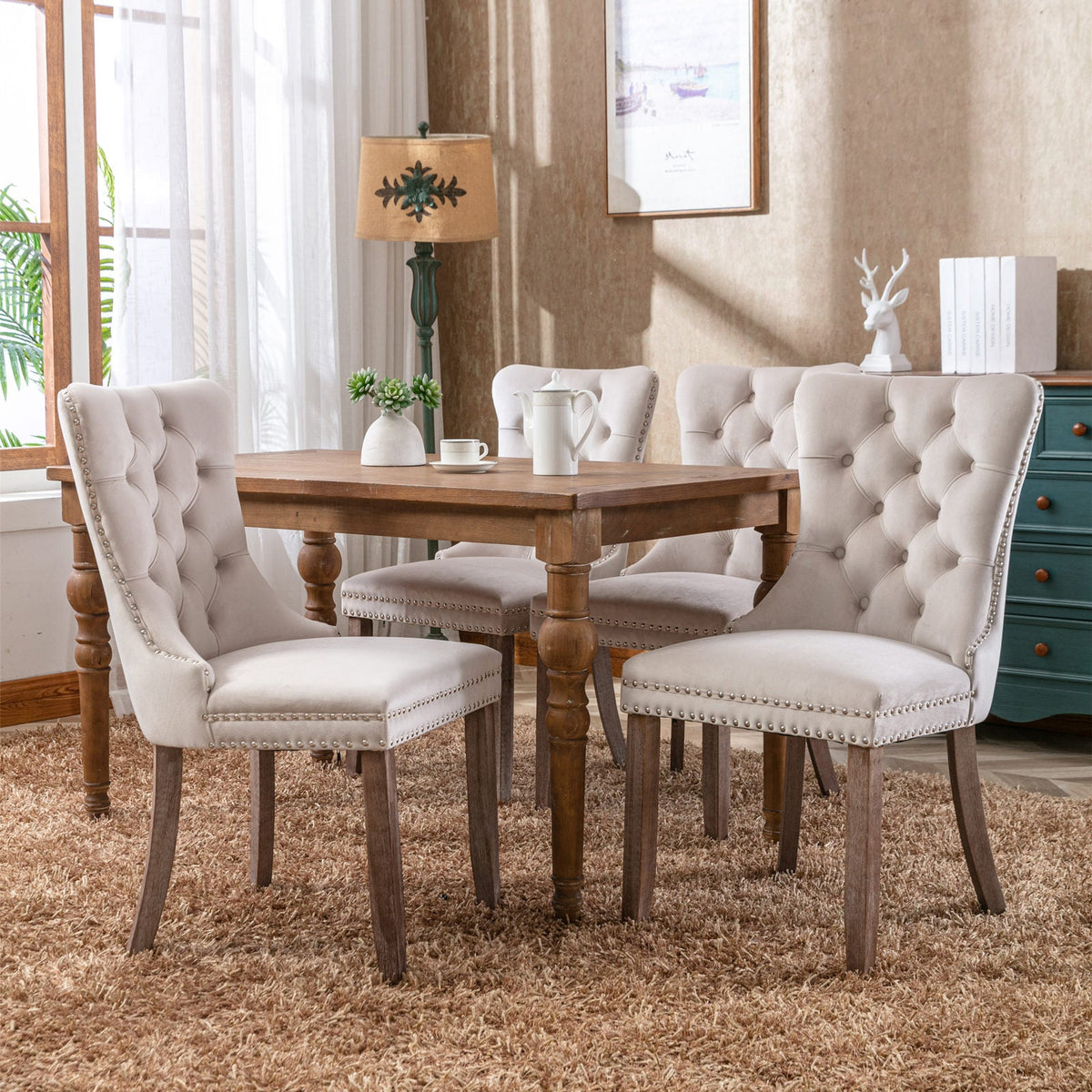 Tufted Velvet Dining Chairs Set of 2 with Solid Wood Legs